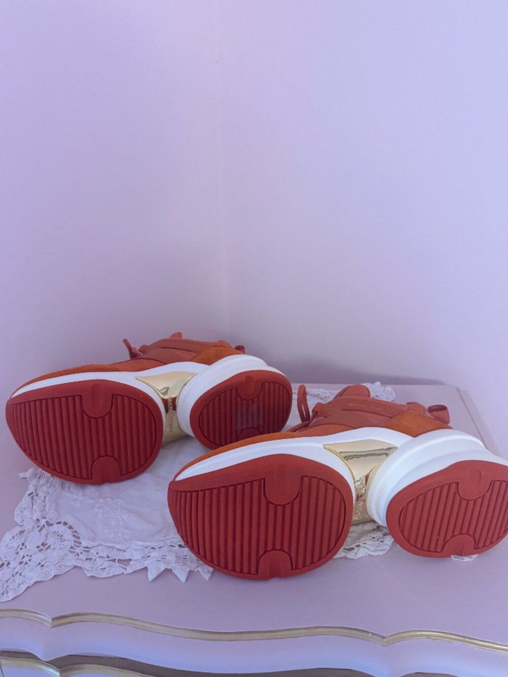 Michael Kors Olympia Logo Orange Jacquard Crocodile Embossed Leather Trainer - Picture 5 of 7